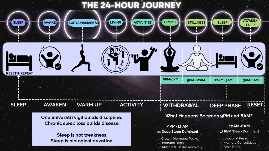The 24-Hour Journey – sleep, awake, surya namaskar, living, activities, temple, stillness, and the benefits of 9PM–6AM